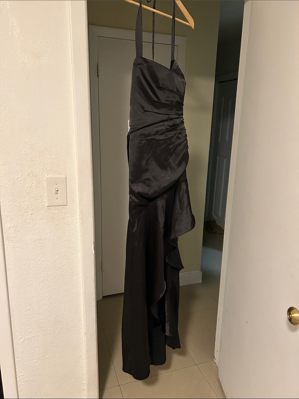 Black Satin Prom Gown with Asymmetric Ruffle cris cross top